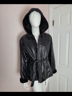 Wilsons Leather Belted Faux Fur Trim Hooded Jacket size L